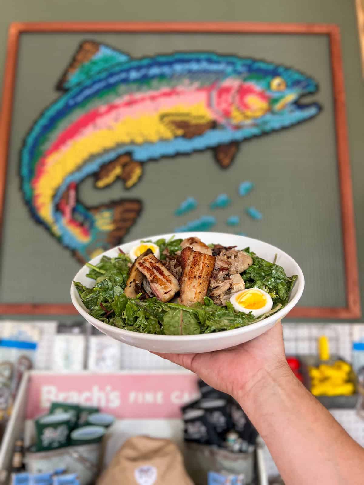 Hand holding a bowl of fresh fish salad with a colorful fish painting in background.