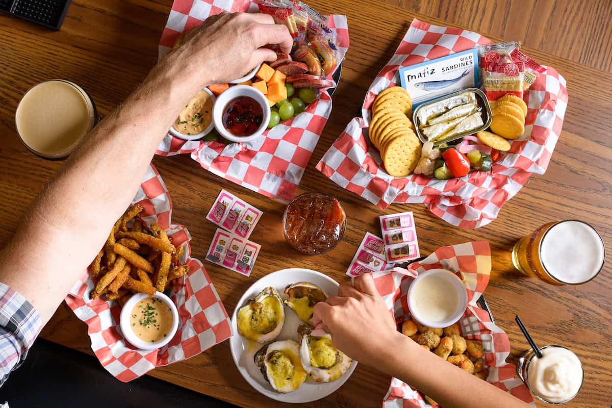 Variety of bar snacks and drinks at Bill's Bait Shop.